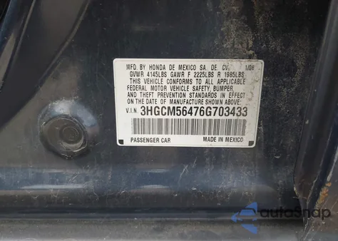 2006 Honda Accord 2.4 Lx z USA, uszkodzony, nr VIN 3HGCM56476G703433